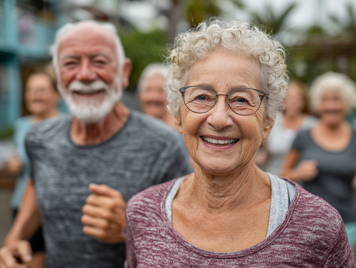 Seniorka vykonáva jemné pohybové cvičenia v prírode